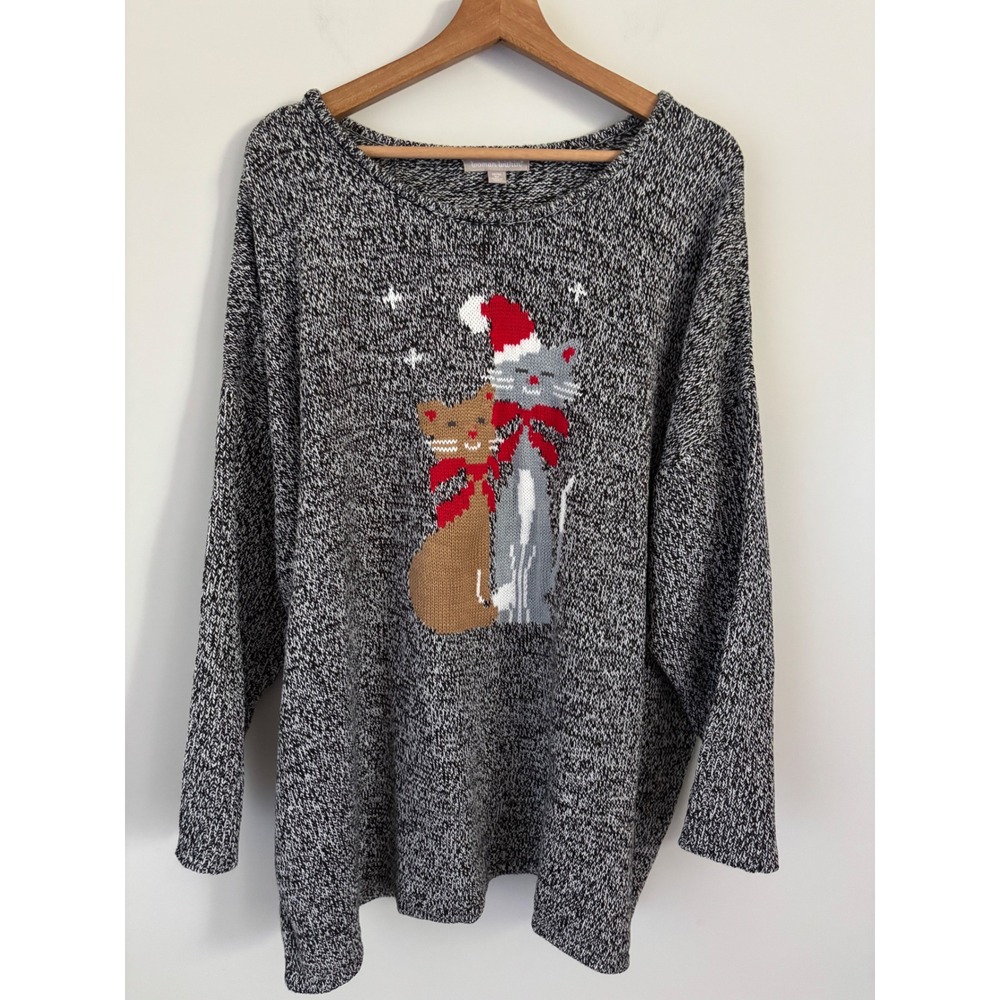 Woman Within Womens 3X Christmas Cats Sweater Marled Black White Holiday Knit